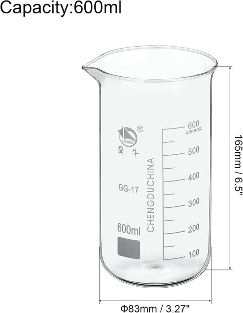 PATIKIL 600ml Tall Form Glass Beaker, 3.3 Borosilicate Glass Graduated Printed Scale Measuring Cups with Spout for Kitchen Lab Liquids Transit Boiling