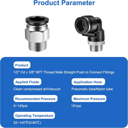 12 Pcs Push to Connect Fittings 1/2 Inch Tube OD x 3/8 Inch NPT Thread Pneumatic Male Straight and Elbow Quick Connect Air line fittings