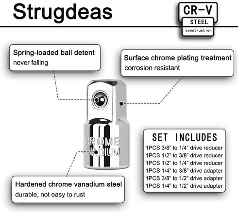 6 Piece Socket Adapter and Reducer Set, 1/4", 3/8", 1/2" Chrome Vanadium Steel Ratchet/Socket Kit