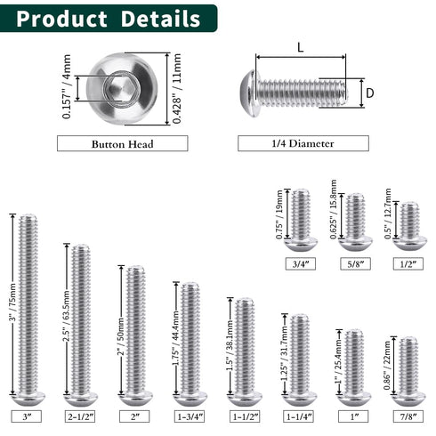 1/4-20 x 3/4" Button Head Socket Cap Bolts Screws, 304 Stainless Steel 18-8, Pack of 30, Allen Hex Drive