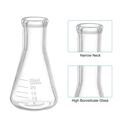 PATIKIL 12 Pcs Erlenmeyer Flask, 25ml Narrow Mouth Graduated Borosilicate Glass for Lab Chemistry Study
