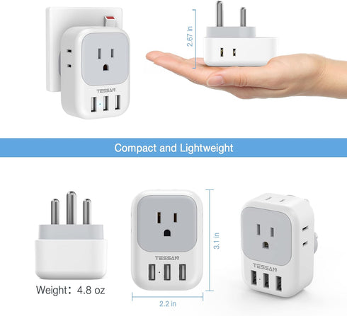 TESSAN South Africa Power Adapter, Type M Travel Plug with 4 AC Outlets & 3 USB Ports for US to South Africa