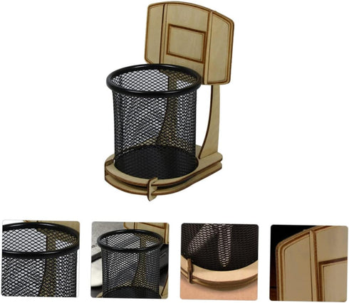 Basketball Stand Pen Holder, Kid Pencils Mesh Wire Pencil Cup Holder, Child Desk Kids Office Wood Grain Storage Box