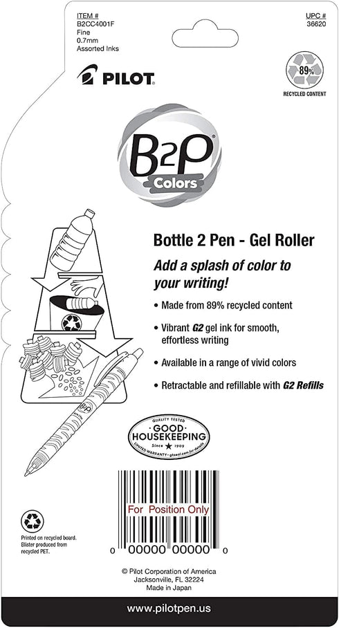 PILOT B2P Colors, Refillable & Retractable Rolling Ball Gel Pen, Made From Recycled Bottles, Fine Point, 4-Pack