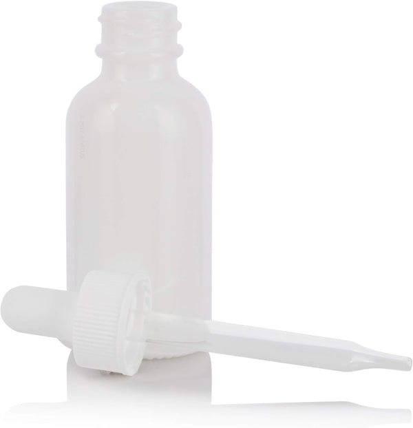 JUVITUS 1 oz Opal White Glass Boston Round Bottle with White Dropper, 24 Pack + Funnel