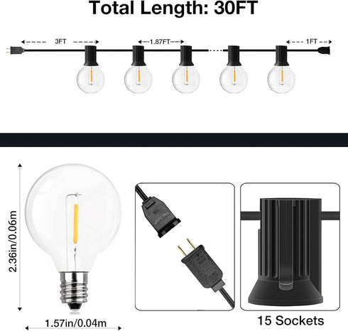 GPATIO Outdoor String Lights, 30FT Waterproof Patio Lights with 15+1 Dimmable Globe G40 Bulbs for Backyard Decor