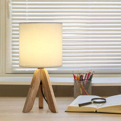 HAITRAL Small Bedside Table Lamp - Wooden Tripod Nightstand Lamp for Bedroom, Living Room, Office, Farmhouse, Home