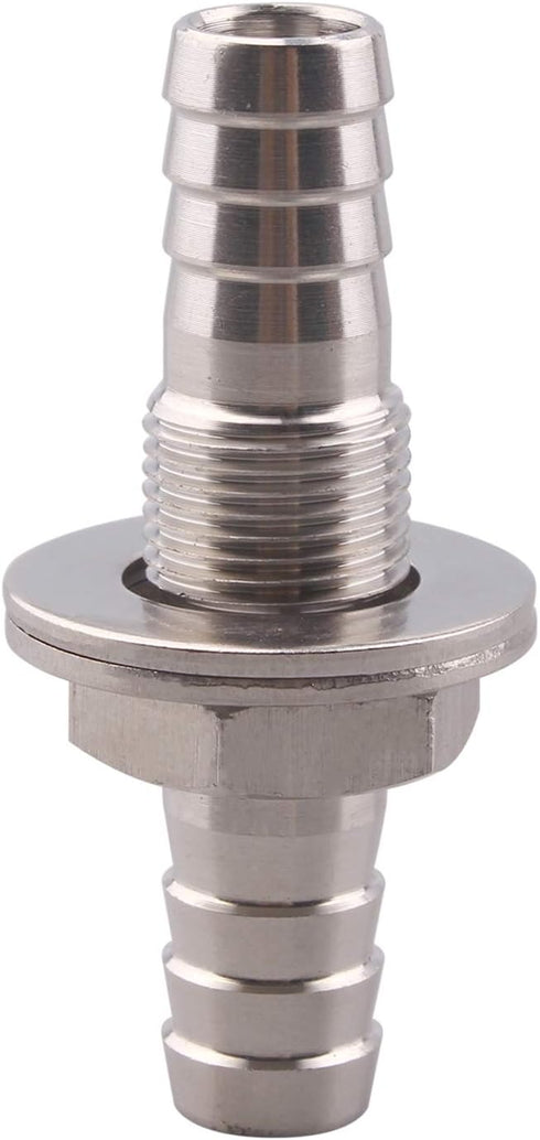 Stainless Steel 3/8" Hose Barb, Hex Bulkhead Straight Fitting, Barbed Thru-Bulk Head