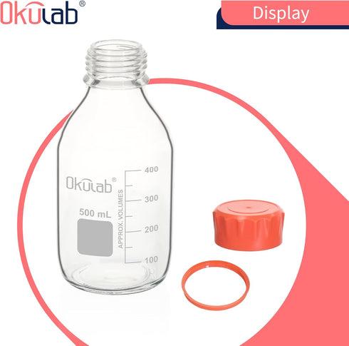 6pcs of 500ml Round Media Storage Bottles - Borosilicate Glass with GL45 Screw Caps for Safe Storage.