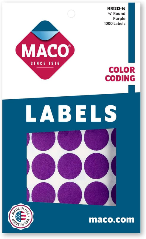 MACO Purple Round Color Coding Labels, 3/4 Inches Diameter, 1000 Per Box