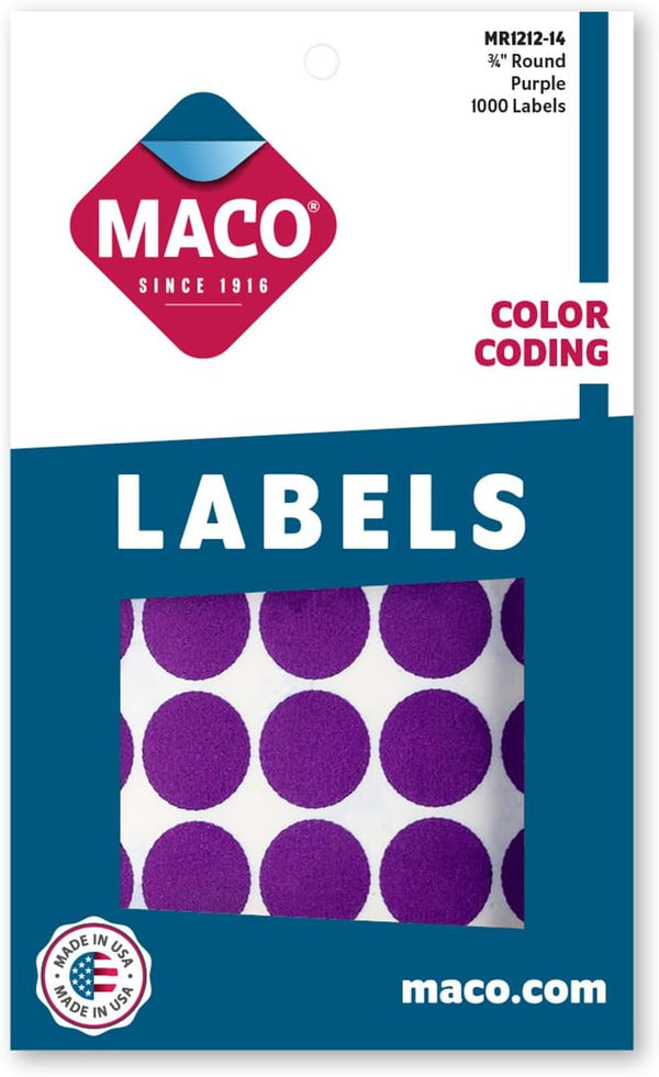 MACO Purple Round Color Coding Labels, 3/4 Inches Diameter, 1000 Per Box