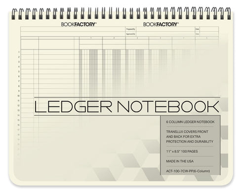 BookFactory 6 Column Accounting Ledger Notebook, 11" x 8.5", 100 Pages, Wire-O Landscape Format Log Book