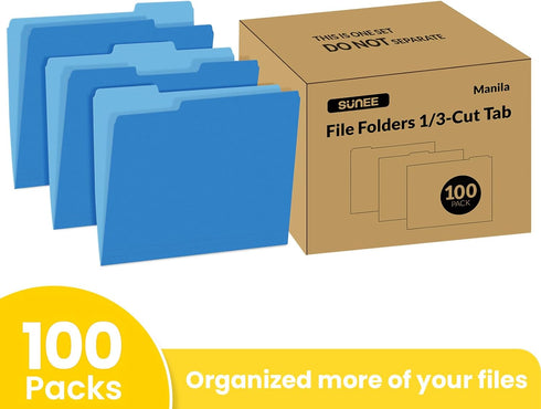 SUNEE Letter Size File Folders, 100 Pack Blue Manilla Folders 8.5 x 11 with 1/3-Cut Tabs for Office Home