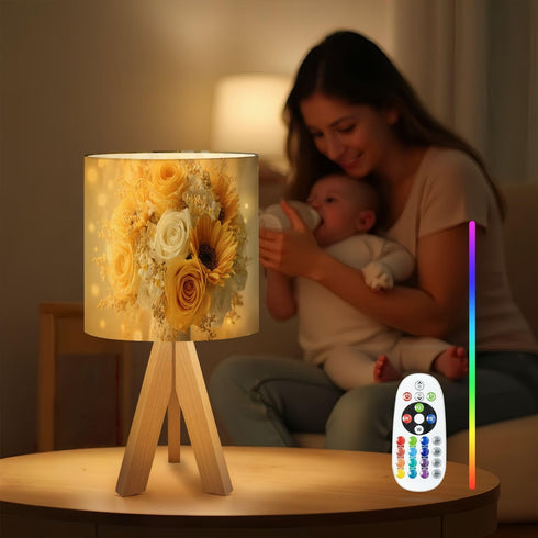 RAINFALLARING Tripod Bedside Table Lamp for Bedroom Elegant Yellow White Rose Bouquet Sunflowers Glitter Accents