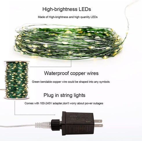 200FT 600 Green Wire Fairy Lights Plug in High Bright LED Waterproof LED String Lights with Remote Warm White