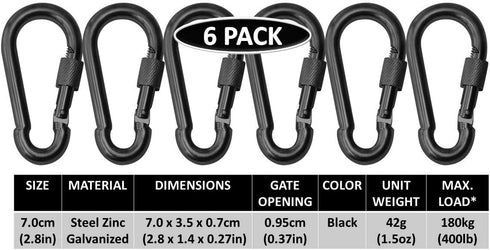 Black & Silver Heavy Duty Bushcraft Locking Thumb Screw Closure, Zinc-Galvanized Steel Carabiner Spring Snap Clip
