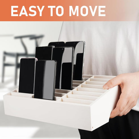 Wooden 24-Grid Cell Phone Storage Box - Desktop Mobile Phone Holder Organizer for Office, School, Classroom (White)