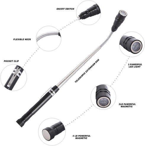 Magnetic Pick Up Kit 5pc, Includes 1lb and 10lb Rods, Inspection Mirror and Flexible LED Flashlight