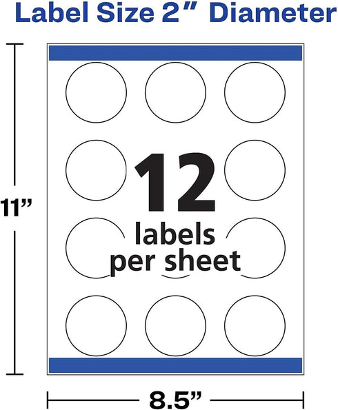 Avery Round Print-To-The Edge Labels, 2" Dia, Glossy Clear, 120/pk with Sure Feed and Easy Peel
