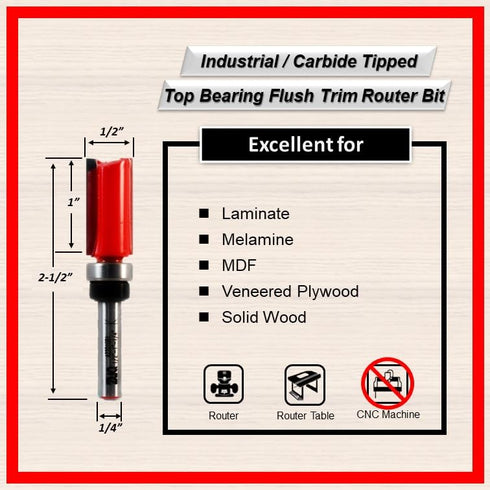 1/4" 1/2" 1" (A22010B1-1/2*1") ZUQ Flush Trim Router Bit, Shank, Cut Dia. Cutting Height, Carbide Tipped, Top Bearing