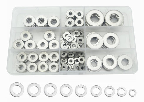 SAE 304-Stainless Steel Flat Washers Assortment Kit: 1/4" to 1/2" Sizes
