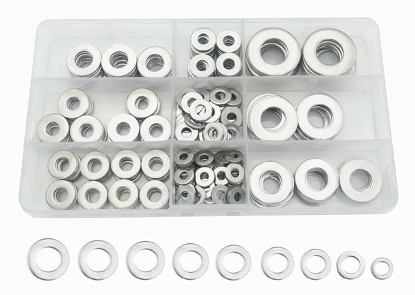 SAE 304-Stainless Steel Flat Washers Assortment Kit: 1/4" to 1/2" Sizes