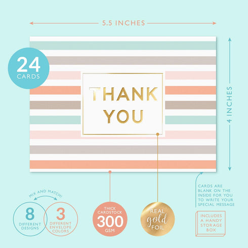 Set 24 3 Sweetzer & Orange Blank Thank You Cards with Envelopes, of Notecards in Colors, Includes Card Box, Perfect