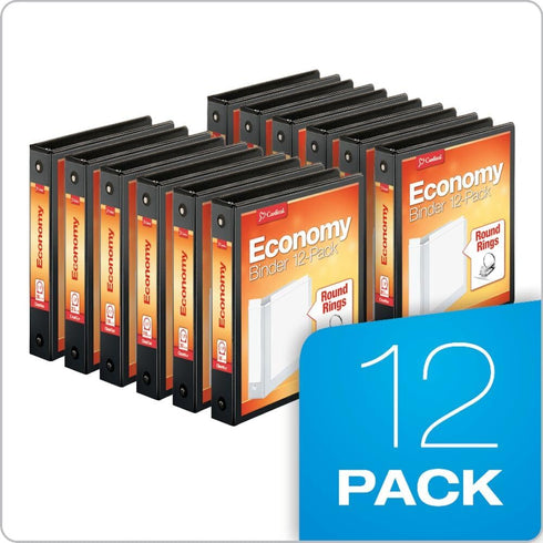 Cardinal Economy 3-Ring Binders, 1.5", Round Rings, Holds 350 Sheets, Non-Stick, Black, Carton of 12