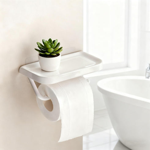 Self Adhesive Toilet Paper Holder with Shelf, No Drill Wall Mounted Bathroom Tissue Holder, Sticky TP Roll Holder
