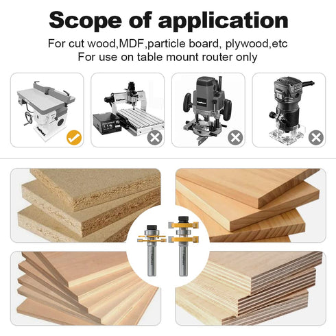 Set 1/2 Inch 3 FivePears Adjustable Tongue and Groove Router Bit with Shank, Shaker Style Teeth T Shape Wood Milling