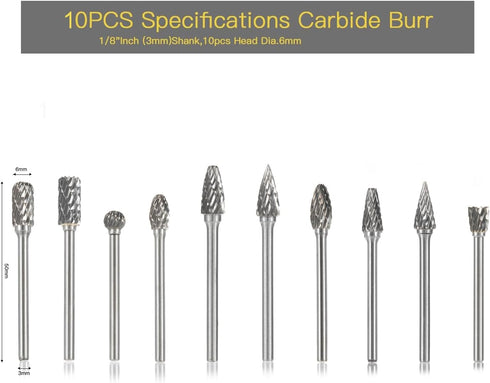 Carbide Burr Set 10PC 1/8" Shank Tungsten Double Cut Rotary Burr Set for Metal and Wood Carving, Grinding, Polishing