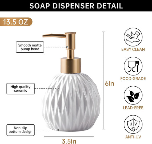 Ceramics Gold Soap Dispenser for Bathroom, 400ml/13.5Oz Refillable Liquid Hand Soap Bottle with Gold Pump (White)