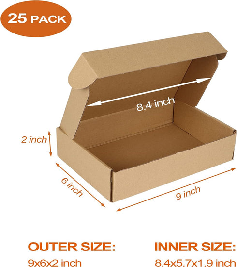 PHAREGE 9x6x2 inch Shipping Boxes - Bulk 25 Pack Brown Tab Lock Tuck Top Mailer Boxes for Small Business Packaging