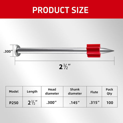 2-1/2" Powder Actuated Fasteners with .300 Head .145" Shank and flute for Powder Fastening & Power Framing systems, 100 Pack