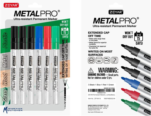 ZEYAR Permanent Markers, Bullet Tip, Aluminum Barrel, Waterproof and Smear-Proof, Quick Dry- Great on Plastic,Wood,Stone,Metal and Glass for Doodling and Marking (3 Black&1 Blue&1 Green&1 Red)