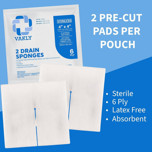 4" 4" 6-Ply (Pack 250) Vakly Sterile Split Gauze x of Absorbent Non-Woven Drain Sponges with Precut Slit for IV