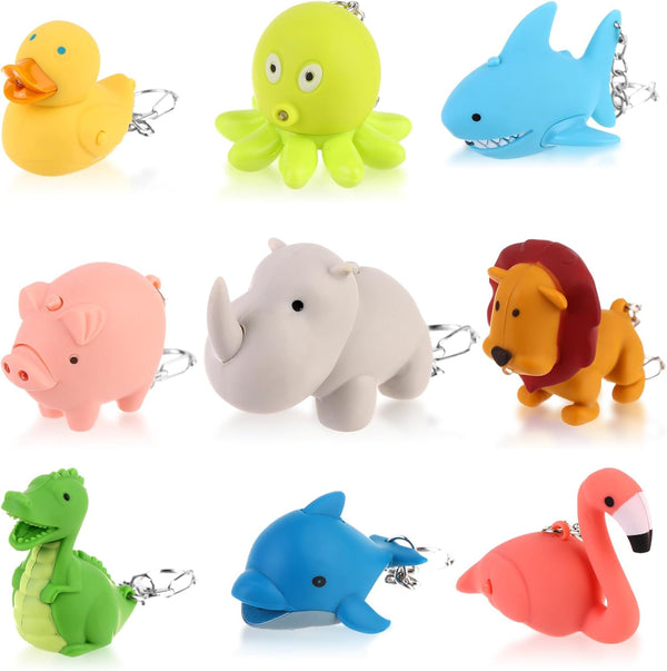 9 PCS Nurse Flashlight Keychain Set with Animal Designs: Dolphin, Lion, Flamingo, Dinosaur, Shark, Rhino, Octopus,