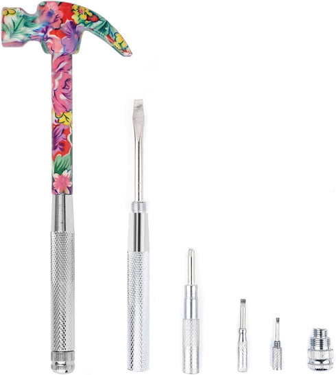 YOUMI 6 in 1 Multifunctional Floral Hammer & Screwdriver Tool Set, Claw Hammer with Phillips Screwdriver (Pink)