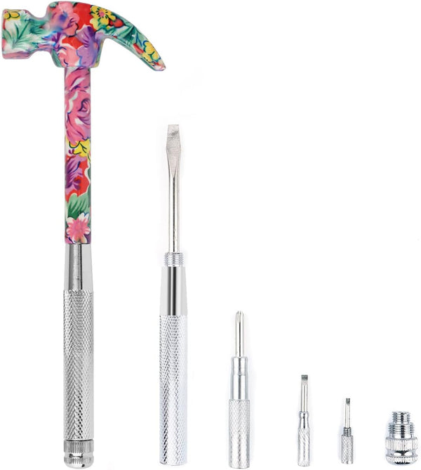 YOUMI 6 in 1 Multifunctional Floral Hammer & Screwdriver Tool Set, Claw Hammer with Phillips Screwdriver (Pink)