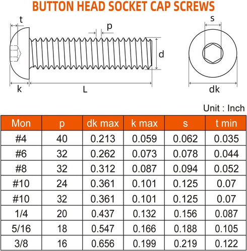 3/8-16 x 2" Button Head Socket Cap Screws - 304 Stainless Steel 18-8, Bright Finish, Fully Threaded, 10 PCS