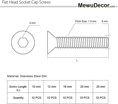 M6-1.0 Flat Head Socket Cap Screws, 10/12/16/20/25mm, Allen Socket Drive, Stainless Steel 18-8 (304), 50 PCS, DIN 7991