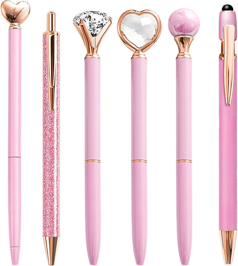 Pink Pens for Women, 6 Pcs Cute Ballpoint Pens Bulk, 1.0mm Medium Point Black Ink, Office School Supplies Gifts for
