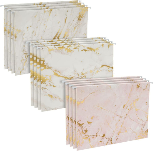 Paper Junkie 12 Pack Decorative Hanging File Folders, White and Pink with Gold Foil Marble Design (11.75 x 9 in)