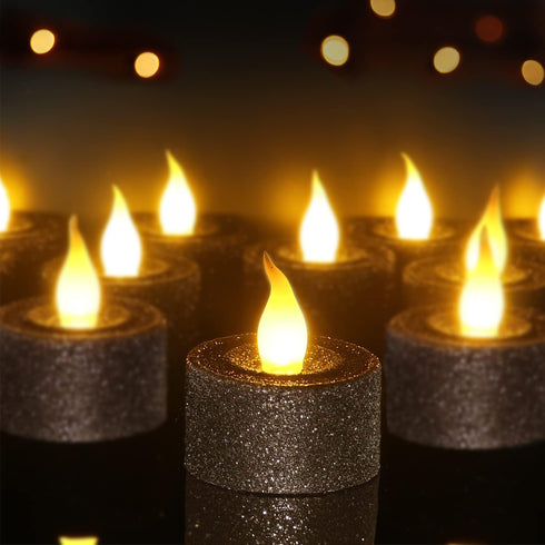 FURORA LIGHTING Black Glitter LED Tealight Candles, Pack of 12 Flameless Flickering Candles for Home D cor