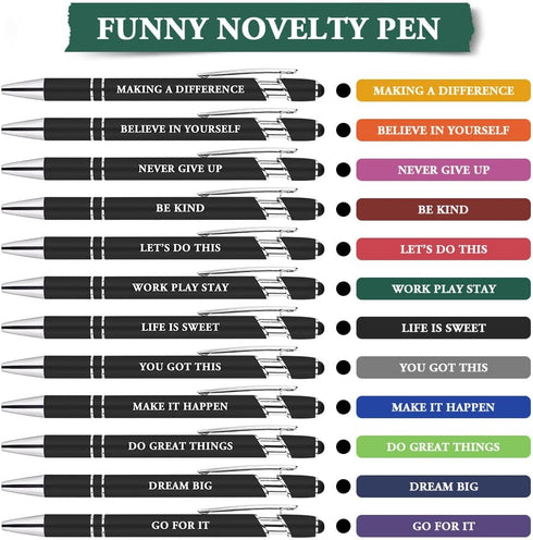 AUAUY 12 PCS Snarky Office Ballpoint Pens Set, 1 mm Black Ink, 12 Replacement Refills, 2 in 1 Stylus Pen, Funny Pens