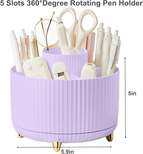 Desk Pencil Pen Holder 5 Slots, 360° Degree Rotating Organizer for Kids, Office, Home, School (Purple 2)