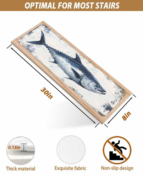 BOHOOSKYLAR 4 8"x30" Ocean Life Stair Treads Retro Blue Tuna Oil Painting Wood Grain Indoor Non Slip Peel and Stick
