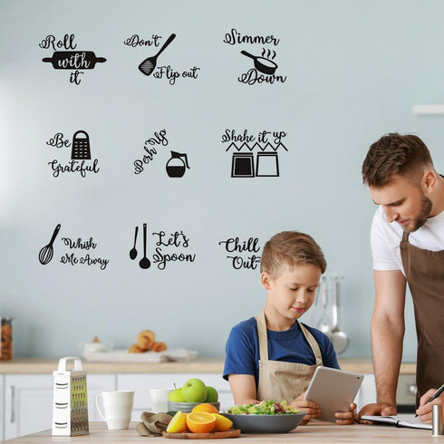 9PCS Kitchen Quotes Wall Decal, Roll It Let s Spoon Sticker, Black Cooking Utensils Wall Art