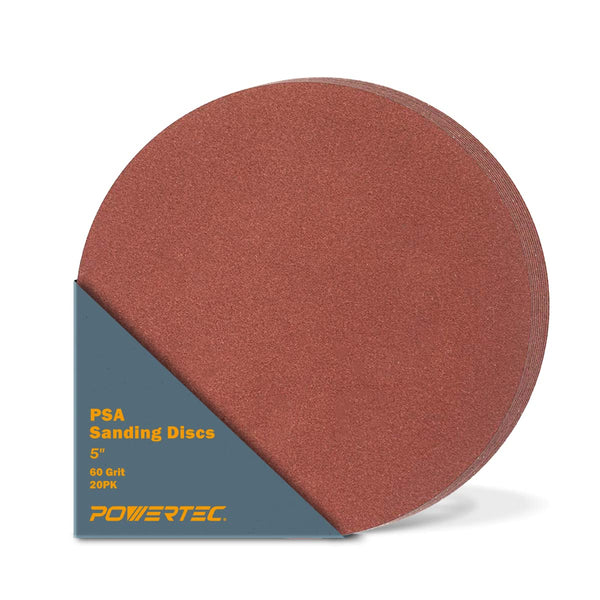 POWERTEC 20 PCS 60 Grit 5 Inch PSA Sanding Discs, Self Stick Adhesive Sandpaper for Drywall, Woodworking