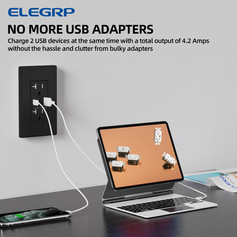 ELEGRP USB Charger Wall Outlet, USB Receptacle with Type A & Type C Ports, 20 Amp Duplex Tamper Resistant, Wall Plate